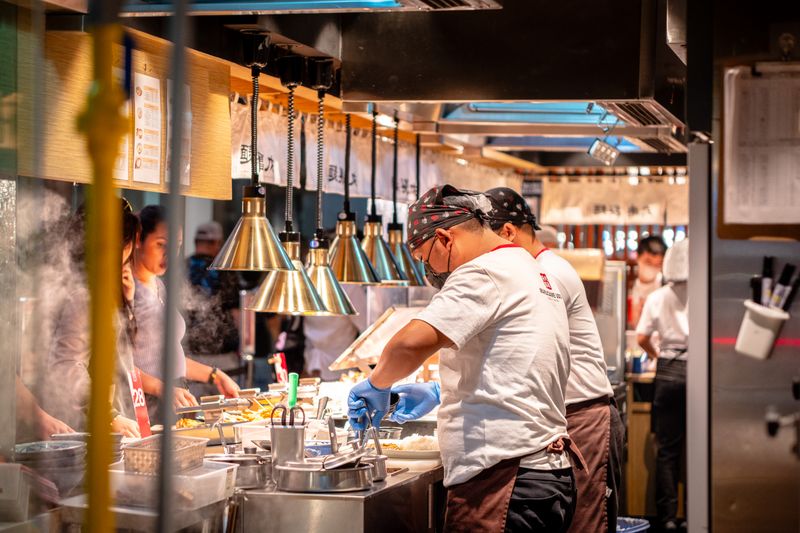 Professional kitchen team at Round table pizza preparing food